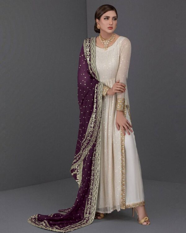 Embellished White Long Frock with Purple Dupatta Pakistani Party Dresses