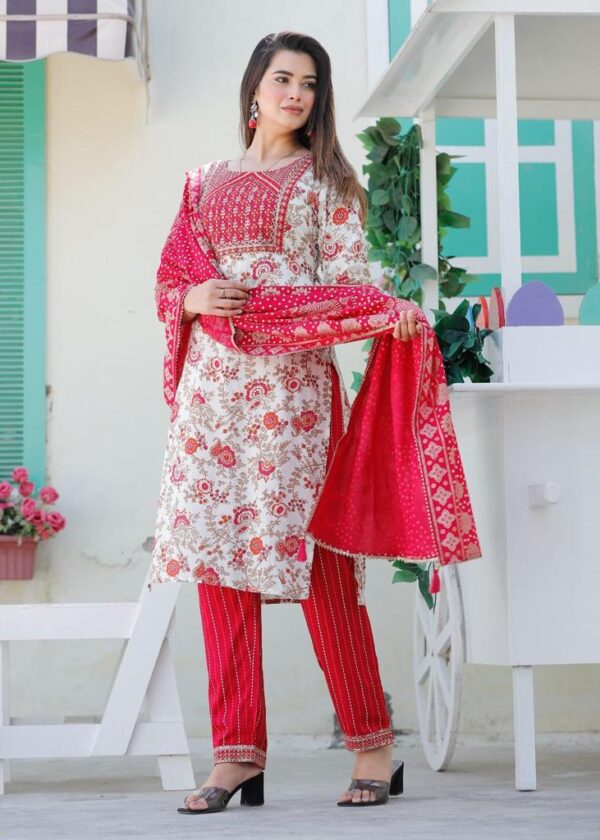 Embellish Pakistani Red and White Dress with Dupatta