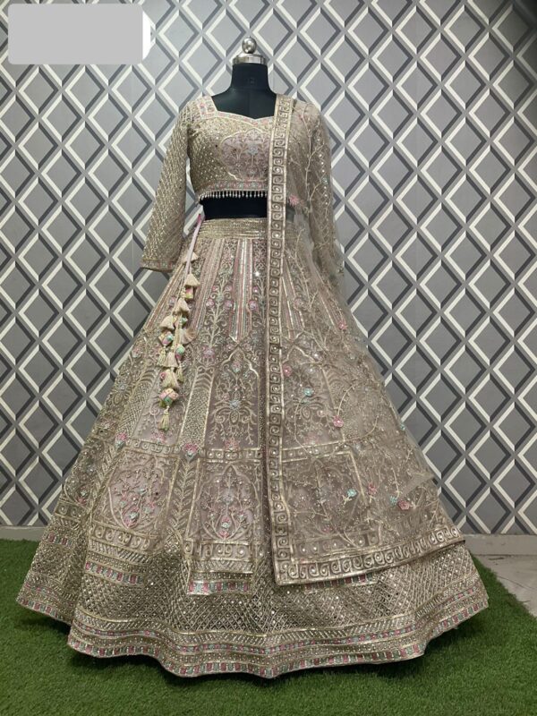 Silver Colored Bridal wear Embroidered Art Silk Lehenga Choli