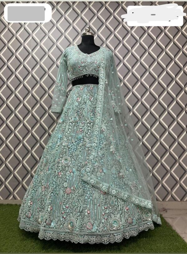 Silk Lehenga with Beads Embroidery in Light Green for Wedding